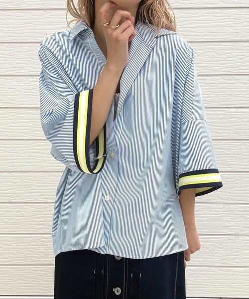 Q（キュー）の「半袖リブドッキングシャツ（シャツ/ブラウス・レディース・ブルー・MEDIUM）」の10枚目の写真