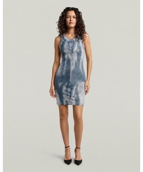 G-STAR(ジースター)の「Slim Rib AOP Tank Dress/デニムフレームプリントスリムリブタンクトップワンピース(ワンピース・レディース・ブルー系その他・X-SMALL/SMALL)」の1枚目の写真