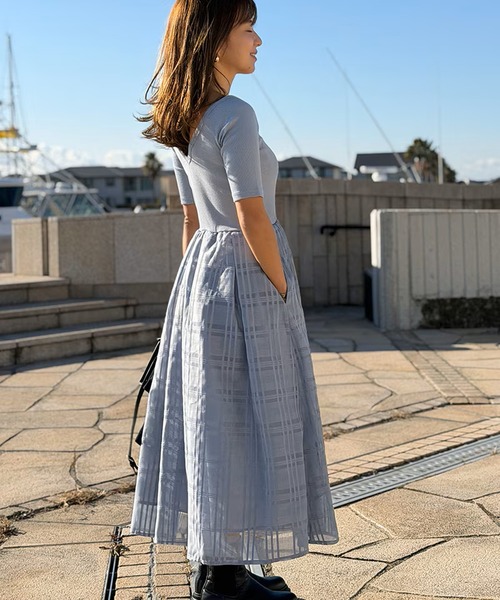 ST.ROONEY(セントルーニー)の「リブトップシアーチェックワンピース【低身長・小柄女性向け】(ワンピース・レディース・ブラック/ブルーグレー/ホワイト・XS)」の14枚目の写真