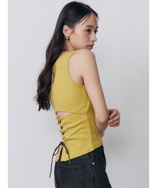 MURUA(ムルーア)の「カップ付きバックレースアップテレコタンク 夏服(タンクトップ・レディース・カーキ/ブラック/ホワイト/マスタード・FREE)」の14枚目の写真
