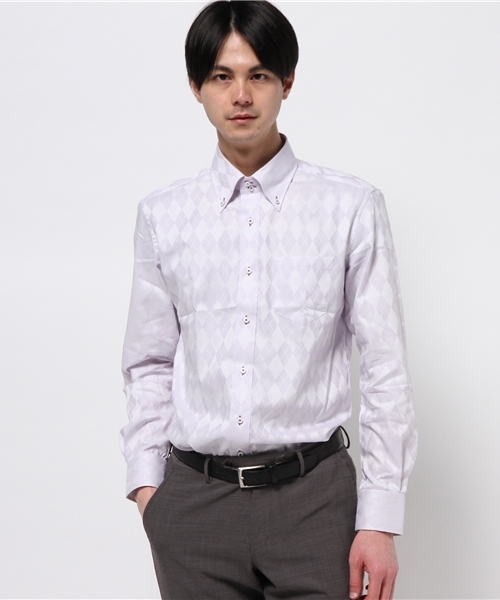CROWDED CLOSET(クラウデッドクローゼット)の「ビジネスシャツ【ワイシャツ】コットンアーガイルジャガードボタンダウンシャツ(シャツ/ブラウス・メンズ・ラベンダー/サックスブルー/ホワイト・SMALL/MEDIUM/LL/LARGE/XL)」の3枚目の写真