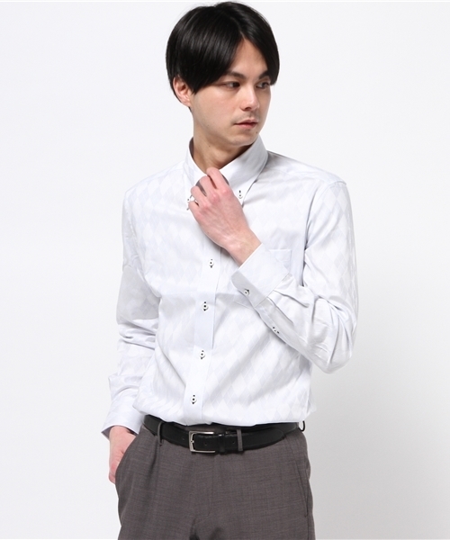 CROWDED CLOSET(クラウデッドクローゼット)の「ビジネスシャツ【ワイシャツ】コットンアーガイルジャガードボタンダウンシャツ(シャツ/ブラウス・メンズ・ラベンダー/サックスブルー/ホワイト・SMALL/MEDIUM/LL/LARGE/XL)」の2枚目の写真