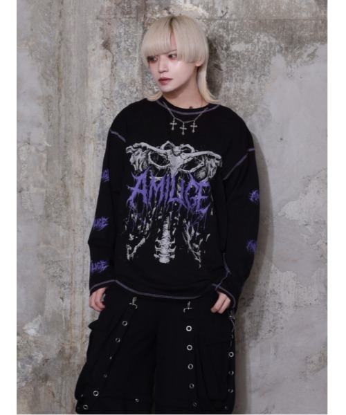骨ロゴプリントチェーン付きロングTシャツ（Tシャツ/カットソー