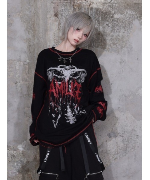 骨ロゴプリントチェーン付きロングTシャツ（Tシャツ/カットソー