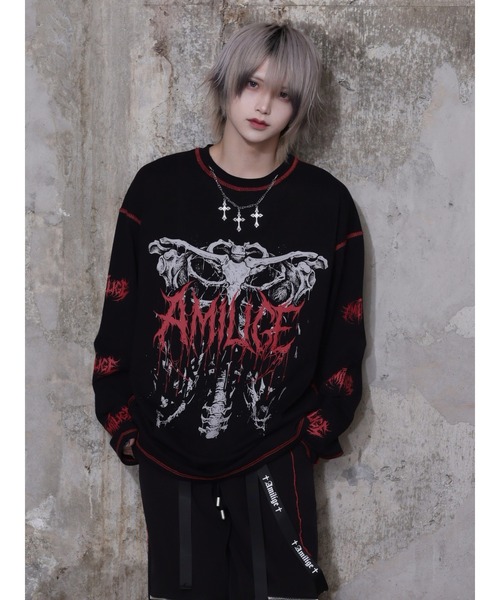 Amilige(アミリージュ)の「骨ロゴプリントチェーン付きロングTシャツ(Tシャツ/カットソー・レディース・ブラック×レッド/ブラック×パープル・FREE)」の9枚目の写真