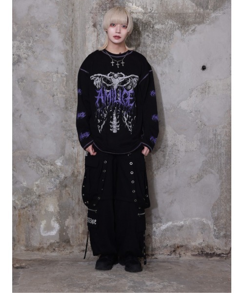 Amilige(アミリージュ)の「骨ロゴプリントチェーン付きロングTシャツ(Tシャツ/カットソー・レディース・ブラック×レッド/ブラック×パープル・FREE)」の11枚目の写真