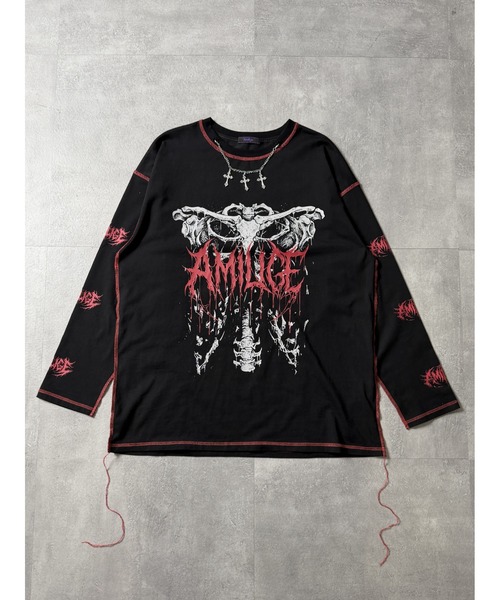 Amilige(アミリージュ)の「骨ロゴプリントチェーン付きロングTシャツ(Tシャツ/カットソー・レディース・ブラック×レッド/ブラック×パープル・FREE)」の15枚目の写真