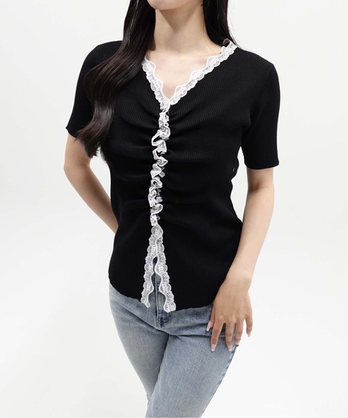 INGNI(イング)の「【INGNI SOELA】レースドッキングギャザー半袖ニットカーディガン/WEB限定(カーディガン/ボレロ・レディース・グレー/ブラック/オフホワイト・FREE)」の2枚目の写真
