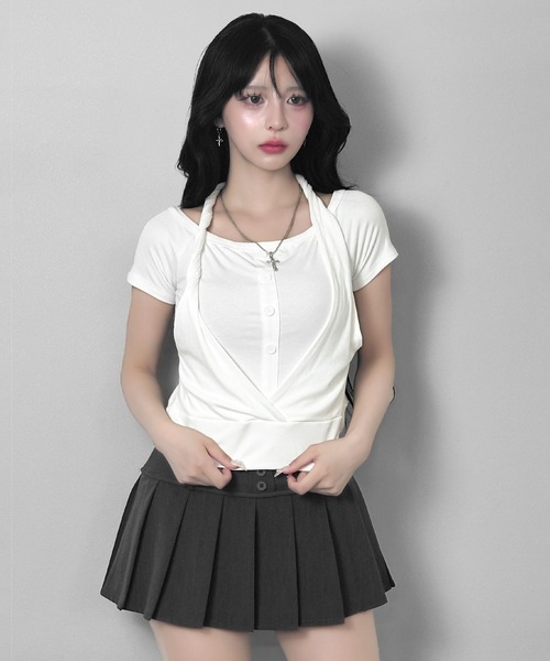 FOLLOWIN（フォロウィン）の「3color/ホルターレイヤードオフショルトップス（Tシャツ/カットソー・レディース・ホワイト/ブラック/グレー・FREE）」の9枚目の写真