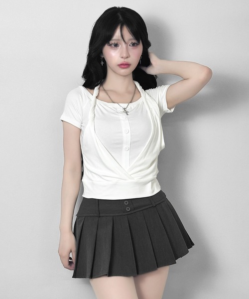 FOLLOWIN（フォロウィン）の「3color/ホルターレイヤードオフショルトップス（Tシャツ/カットソー・レディース・ホワイト/ブラック/グレー・FREE）」の10枚目の写真