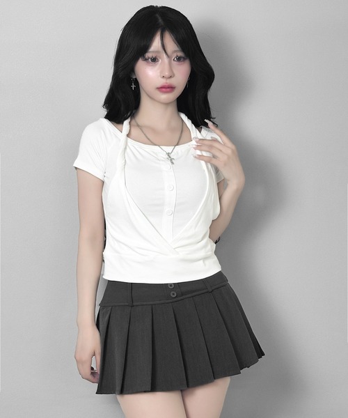 FOLLOWIN（フォロウィン）の「3color/ホルターレイヤードオフショルトップス（Tシャツ/カットソー・レディース・ホワイト/ブラック/グレー・FREE）」の11枚目の写真