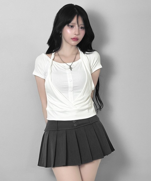 FOLLOWIN（フォロウィン）の「3color/ホルターレイヤードオフショルトップス（Tシャツ/カットソー・レディース・ホワイト/ブラック/グレー・FREE）」の12枚目の写真