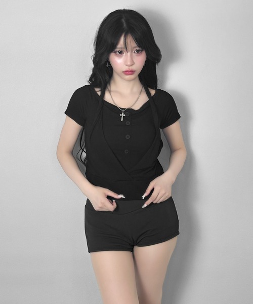 FOLLOWIN（フォロウィン）の「3color/ホルターレイヤードオフショルトップス（Tシャツ/カットソー・レディース・ホワイト/ブラック/グレー・FREE）」の18枚目の写真