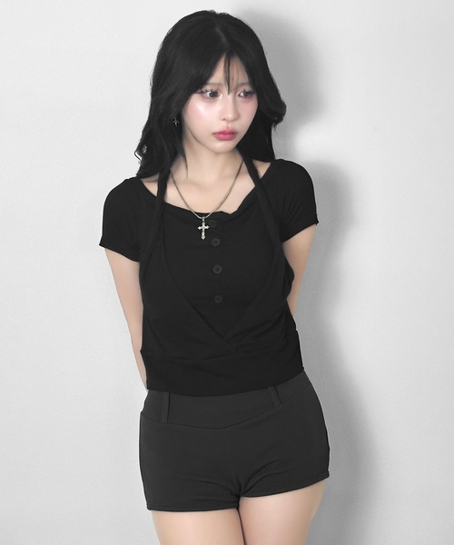 FOLLOWIN（フォロウィン）の「3color/ホルターレイヤードオフショルトップス（Tシャツ/カットソー・レディース・ホワイト/ブラック/グレー・FREE）」の20枚目の写真