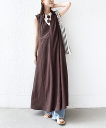 【WEB限定】〈手洗い可能〉レーヨン 麻 ステッチ デザイン Vネック ワンピース