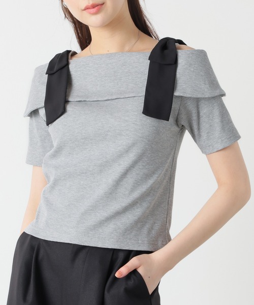 Honeys(ハニーズ)の「【ハニさら・接触冷感・UVカット】肩リボンオフショルトップス(Tシャツ/カットソー・レディース・ピンク/アイボリー/杢グレー/ブラック・L/M/S)」の3枚目の写真
