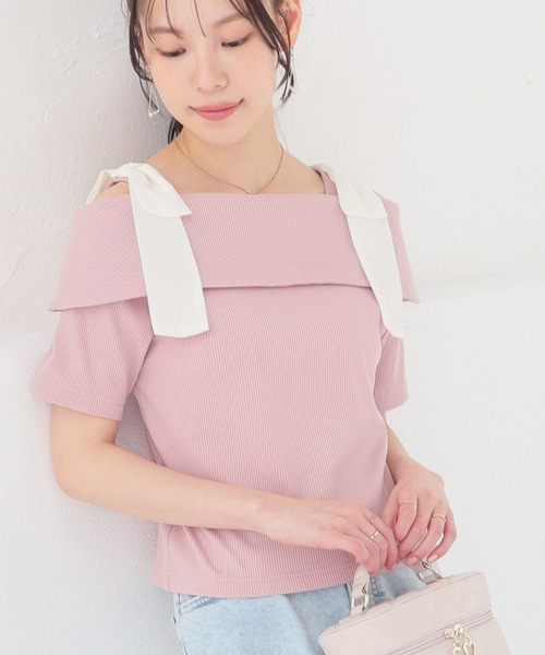 Honeys(ハニーズ)の「【ハニさら・接触冷感・UVカット】肩リボンオフショルトップス(Tシャツ/カットソー・レディース・ピンク/アイボリー/杢グレー/ブラック・L/M/S)」の4枚目の写真