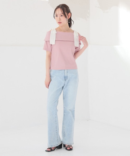Honeys(ハニーズ)の「【ハニさら・接触冷感・UVカット】肩リボンオフショルトップス(Tシャツ/カットソー・レディース・ピンク/アイボリー/杢グレー/ブラック・L/M/S)」の12枚目の写真