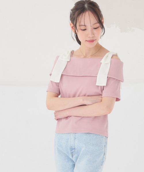 Honeys(ハニーズ)の「【ハニさら・接触冷感・UVカット】肩リボンオフショルトップス(Tシャツ/カットソー・レディース・ピンク/アイボリー/杢グレー/ブラック・L/M/S)」の13枚目の写真