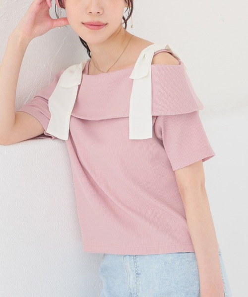 Honeys(ハニーズ)の「【ハニさら・接触冷感・UVカット】肩リボンオフショルトップス(Tシャツ/カットソー・レディース・ピンク/アイボリー/杢グレー/ブラック・L/M/S)」の14枚目の写真