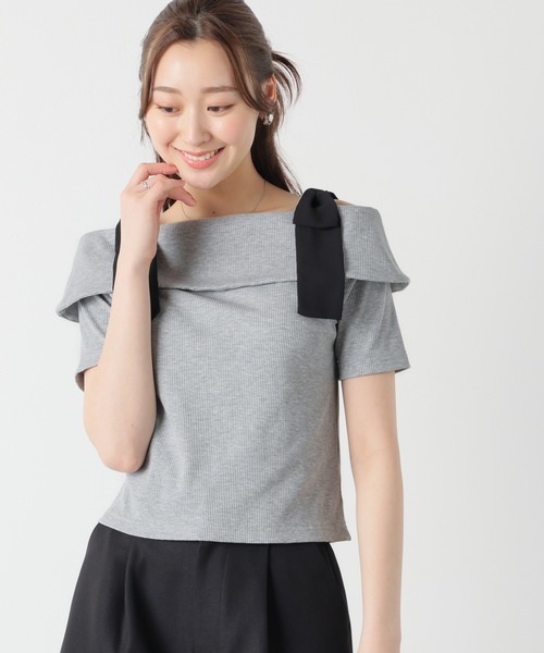 Honeys(ハニーズ)の「【ハニさら・接触冷感・UVカット】肩リボンオフショルトップス(Tシャツ/カットソー・レディース・ピンク/アイボリー/杢グレー/ブラック・L/M/S)」の16枚目の写真
