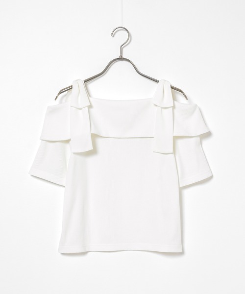 Honeys(ハニーズ)の「【ハニさら・接触冷感・UVカット】肩リボンオフショルトップス(Tシャツ/カットソー・レディース・ピンク/アイボリー/杢グレー/ブラック・L/M/S)」の17枚目の写真