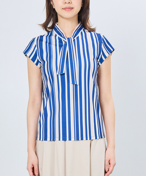 NARACAMICIE（ナラカミーチェ）の「【NARACAMICIE】強撚スムースマルチストライプボウタイカットソー（Tシャツ/カットソー・レディース・ブルー/レッド・XL/M）」の3枚目の写真