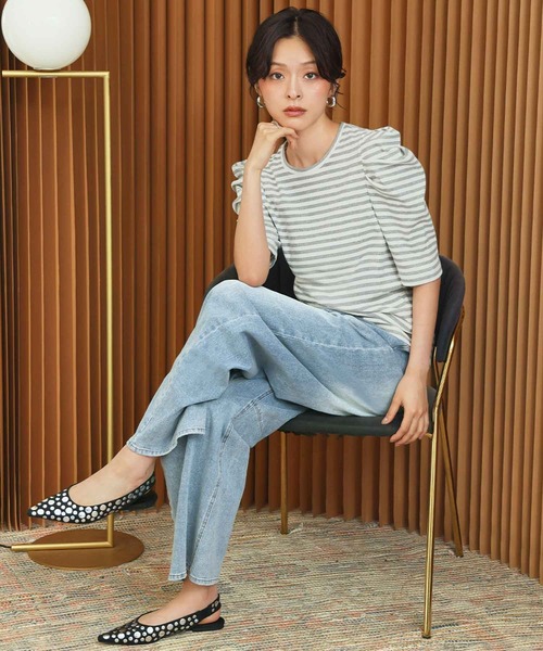 ELFRANK(エルフランク)の「パワーショルダー五分袖ボーダーTシャツ カットソー《着用動画あり》(Tシャツ/カットソー・レディース・レッド/ネイビー/グレー/ブラック・L/M)」の2枚目の写真