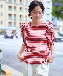 パワーショルダー五分袖ボーダーTシャツ カットソー《着用動画あり》