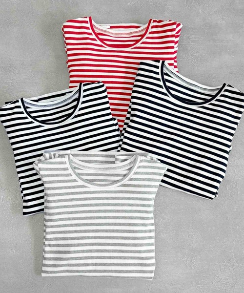 ELFRANK(エルフランク)の「パワーショルダー五分袖ボーダーTシャツ カットソー《着用動画あり》(Tシャツ/カットソー・レディース・レッド/ネイビー/グレー/ブラック・L/M)」の13枚目の写真