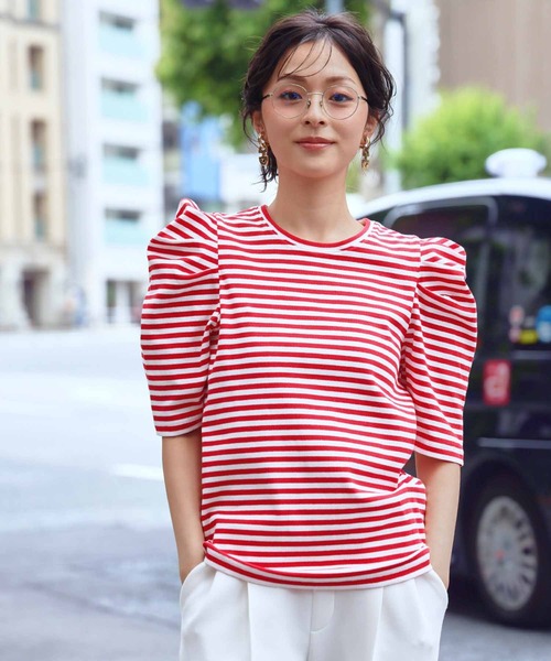 ELFRANK(エルフランク)の「パワーショルダー五分袖ボーダーTシャツ カットソー《着用動画あり》(Tシャツ/カットソー・レディース・レッド/ネイビー/グレー/ブラック・L/M)」の14枚目の写真