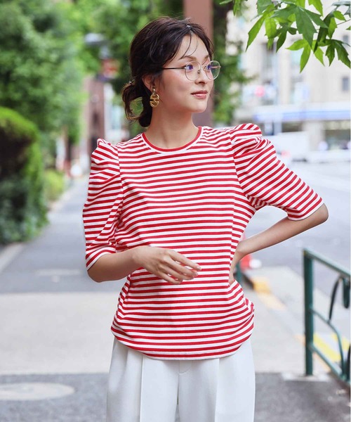 ELFRANK(エルフランク)の「パワーショルダー五分袖ボーダーTシャツ カットソー《着用動画あり》(Tシャツ/カットソー・レディース・レッド/ネイビー/グレー/ブラック・L/M)」の15枚目の写真