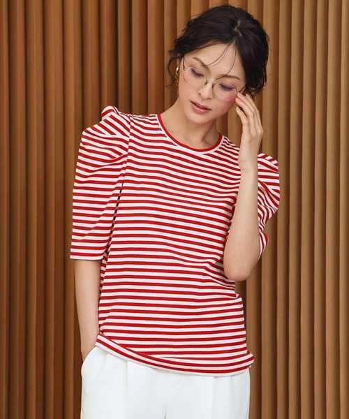 ELFRANK(エルフランク)の「パワーショルダー五分袖ボーダーTシャツ カットソー《着用動画あり》(Tシャツ/カットソー・レディース・レッド/ネイビー/グレー/ブラック・L/M)」の18枚目の写真