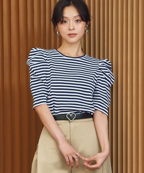 ELFRANK(エルフランク)の「パワーショルダー五分袖ボーダーTシャツ カットソー《着用動画あり》(Tシャツ/カットソー・レディース・レッド/ネイビー/グレー/ブラック・L/M)」の20枚目の写真