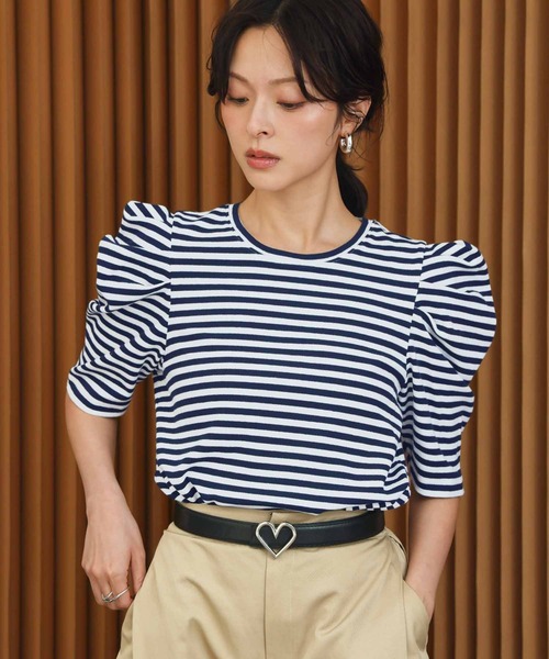 ELFRANK(エルフランク)の「パワーショルダー五分袖ボーダーTシャツ カットソー《着用動画あり》(Tシャツ/カットソー・レディース・レッド/ネイビー/グレー/ブラック・L/M)」の21枚目の写真