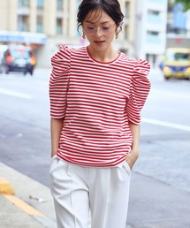 Tシャツ/カットソー（レッド/赤色系・ボーダー柄）ファッション通販