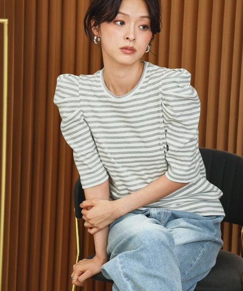 ELFRANK(エルフランク)の「パワーショルダー五分袖ボーダーTシャツ カットソー《着用動画あり》(Tシャツ/カットソー・レディース・レッド/ネイビー/グレー/ブラック・L/M)」の5枚目の写真