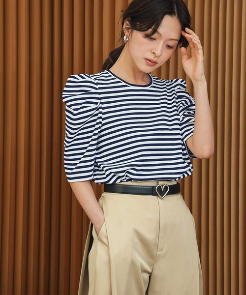 ELFRANK(エルフランク)の「パワーショルダー五分袖ボーダーTシャツ カットソー《着用動画あり》(Tシャツ/カットソー・レディース・レッド/ネイビー/グレー/ブラック・L/M)」の6枚目の写真