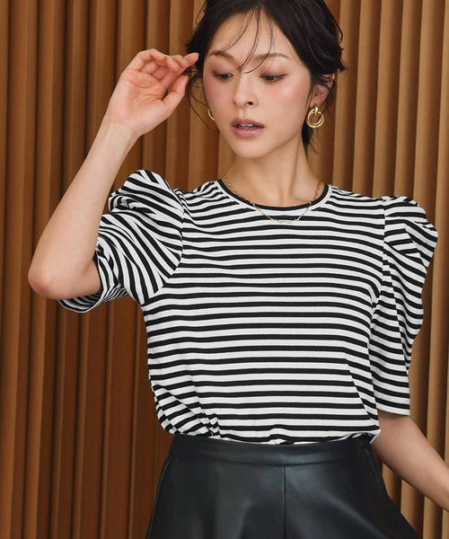 ELFRANK(エルフランク)の「パワーショルダー五分袖ボーダーTシャツ カットソー《着用動画あり》(Tシャツ/カットソー・レディース・レッド/ネイビー/グレー/ブラック・L/M)」の8枚目の写真