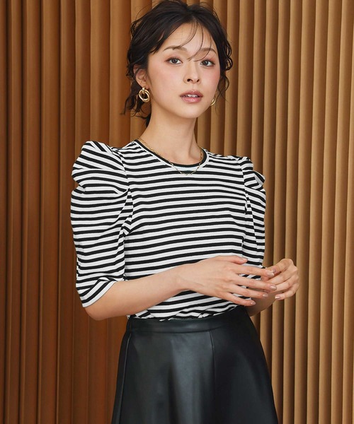 ELFRANK(エルフランク)の「パワーショルダー五分袖ボーダーTシャツ カットソー《着用動画あり》(Tシャツ/カットソー・レディース・レッド/ネイビー/グレー/ブラック・L/M)」の9枚目の写真