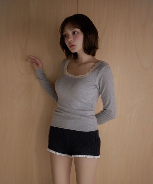 M DOLLY(エムドリー)の「Lace trim Claire tops / レーストリムクレアトップス(Tシャツ/カットソー・レディース・グレー/ピンク/アイボリー・FREE)」の11枚目の写真