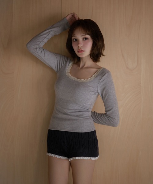 M DOLLY(エムドリー)の「Lace trim Claire tops / レーストリムクレアトップス(Tシャツ/カットソー・レディース・グレー/ピンク/アイボリー・FREE)」の12枚目の写真