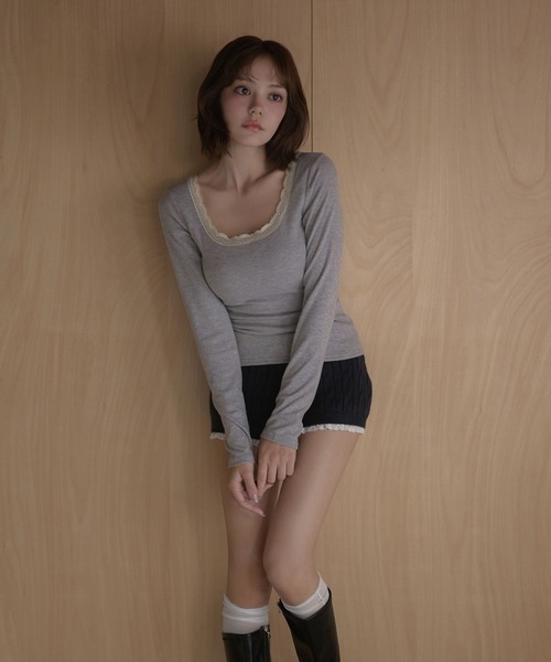 M DOLLY(エムドリー)の「Lace trim Claire tops / レーストリムクレアトップス(Tシャツ/カットソー・レディース・グレー/ピンク/アイボリー・FREE)」の13枚目の写真
