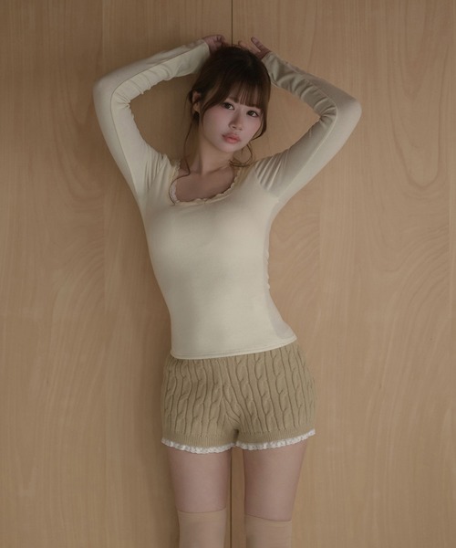 M DOLLY(エムドリー)の「Lace trim Claire tops / レーストリムクレアトップス(Tシャツ/カットソー・レディース・グレー/ピンク/アイボリー・FREE)」の5枚目の写真