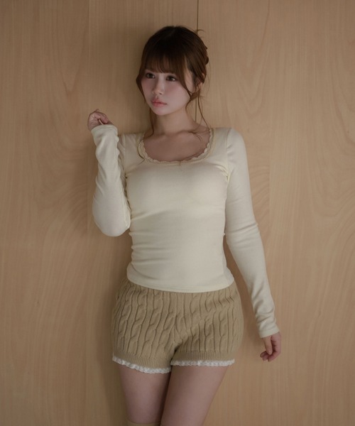 M DOLLY(エムドリー)の「Lace trim Claire tops / レーストリムクレアトップス(Tシャツ/カットソー・レディース・グレー/ピンク/アイボリー・FREE)」の7枚目の写真