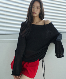 Side Shirring Boat Neck Knit Black