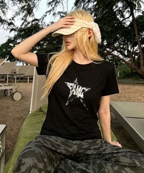 SHEPP(シープ)の「ダメージスタープリント コンパクトロゴTシャツ 半袖T(Tシャツ/カットソー・レディース・ネイビー/ブラック・L/M)」の1枚目の写真