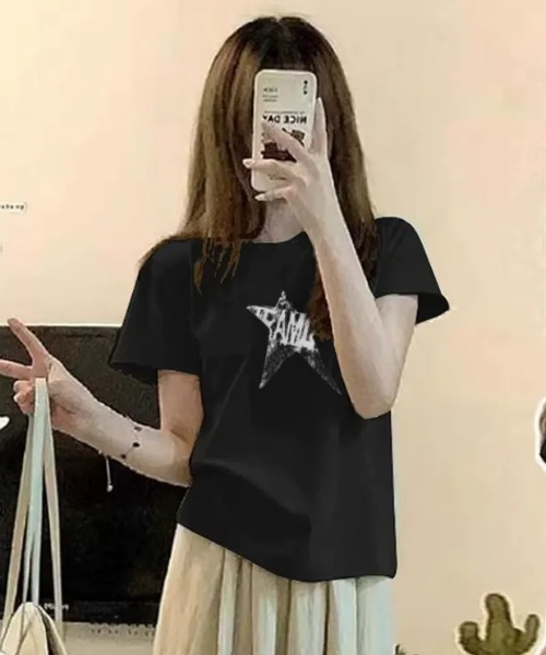 SHEPP(シープ)の「ダメージスタープリント コンパクトロゴTシャツ 半袖T(Tシャツ/カットソー・レディース・ネイビー/ブラック・L/M)」の4枚目の写真