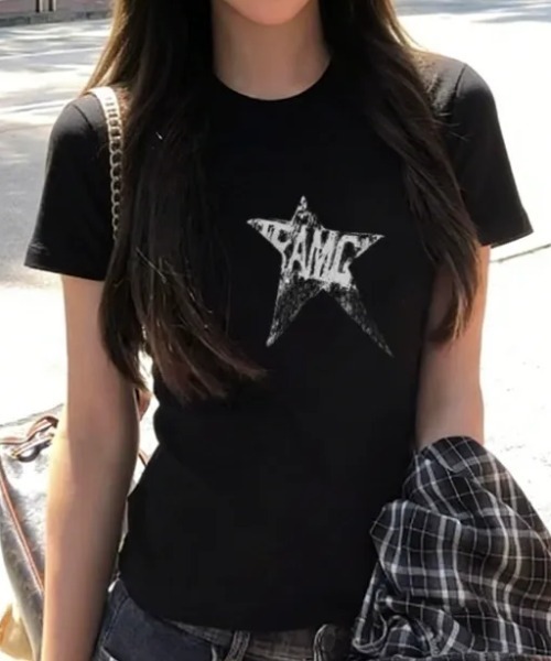 SHEPP(シープ)の「ダメージスタープリント コンパクトロゴTシャツ 半袖T(Tシャツ/カットソー・レディース・ネイビー/ブラック・L/M)」の3枚目の写真