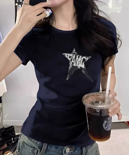 SHEPP(シープ)の「ダメージスタープリント コンパクトロゴTシャツ 半袖T(Tシャツ/カットソー・レディース・ネイビー/ブラック・L/M)」の16枚目の写真